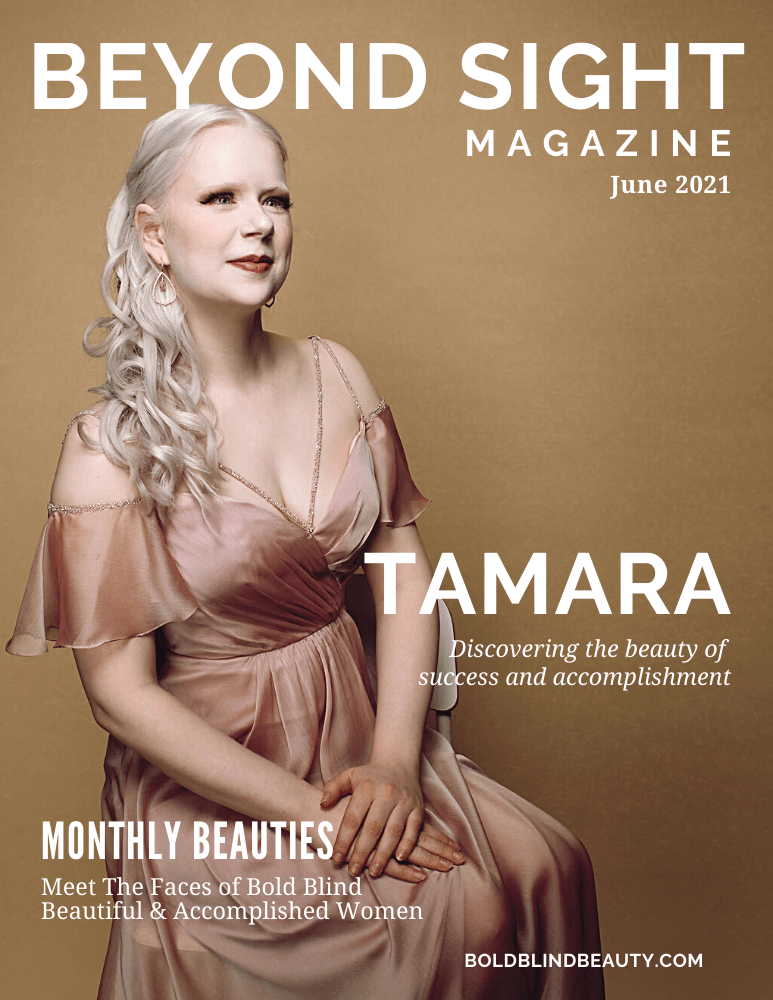 An image of Tamara in a pink flowing dress on the Beyond Sight Magazine CoverPicture